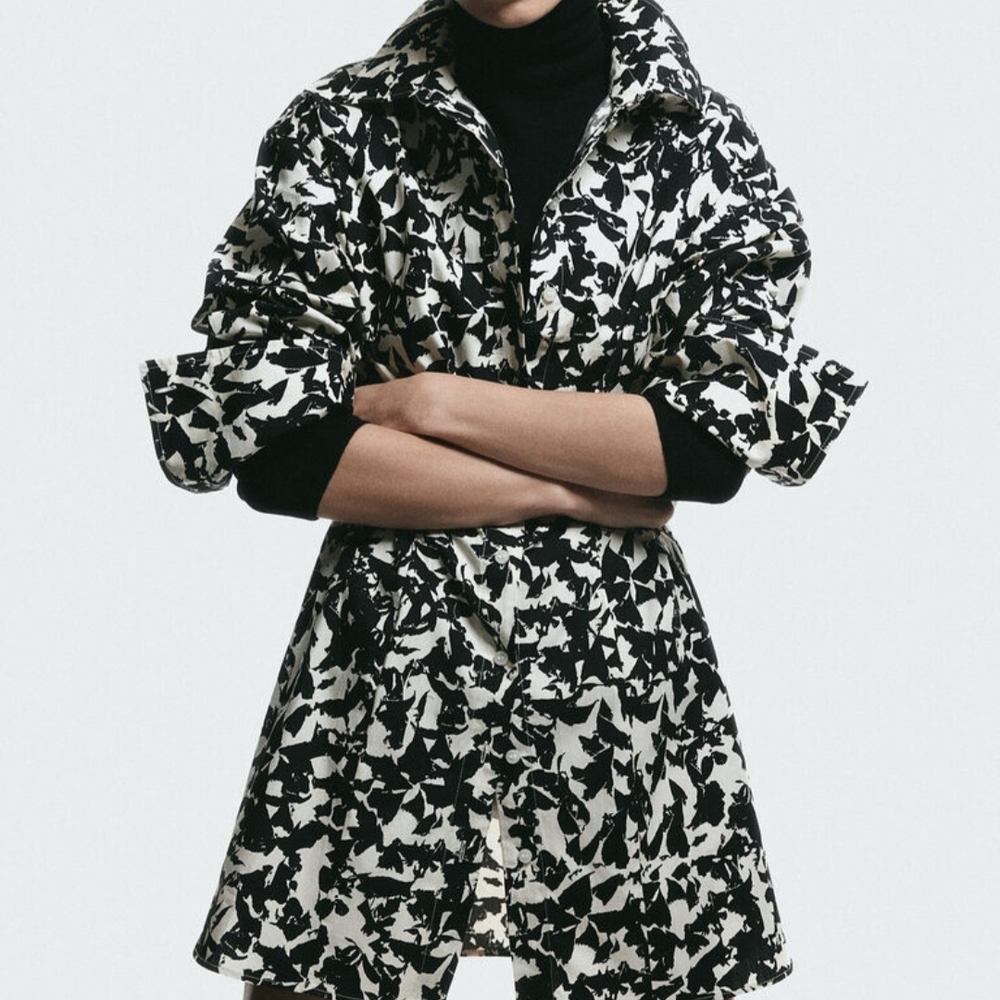 H&M Black and White Trench Coat with Artistic Pattern